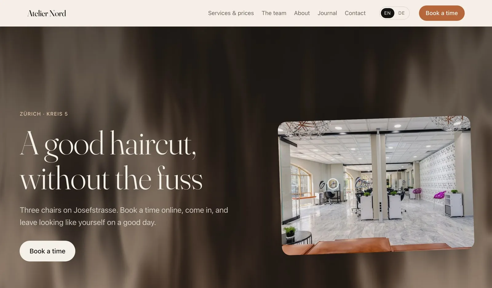 The finished site, as its visitors see it: a hair salon's front page with a Book a time button.